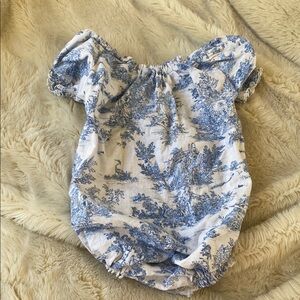 NWOT NOTHING FITS BUT Blue and White Baby Romper cotton and linen 6-12 months